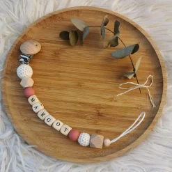 Attache sucette en bois brique et blanc (personnalisable)|Tata Lucette Online