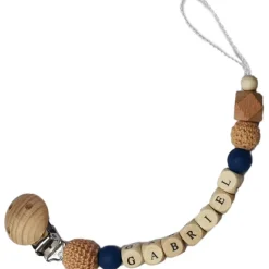 Attache sucette en bois camel et bleu nuit (personnalisable)|Tata Lucette Online