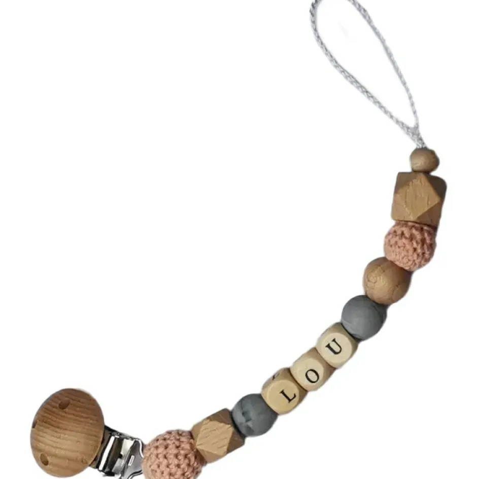 Outlet Tata Lucette Attache sucette en bois marbre et rose pâle (personnalisable)