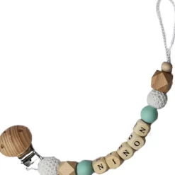 Attache sucette en bois mint et blanc (personnalisable)|Tata Lucette Online