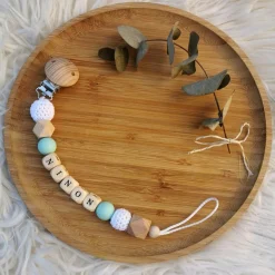 Attache sucette en bois mint et blanc (personnalisable)|Tata Lucette Online