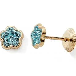 Boucles d'oreilles à vis Fleur cristaux bleu (or jaune 9 carats)|Baby bijoux Discount