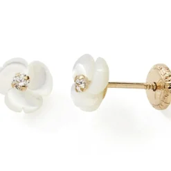 Boucles d'oreilles Fleur blanche nacrée (or jaune 375°)|Baby bijoux Outlet