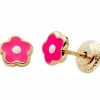 Boucles d'oreilles Fleur laquée Fushia-Blanc (or jaune 375°)|Baby bijoux Discount
