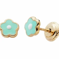 Boucles d'oreilles Fleur laquée Bleu-Blanc (or jaune 375°)|Baby bijoux