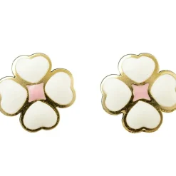 Boucles d'oreilles fleur rose émaillée blanche (or jaune 375°)|Daniel Crégut Online