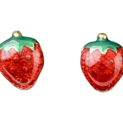 Boucles d'oreilles fraise émaillée rouge et vert (or jaune 375°)|Daniel Crégut New