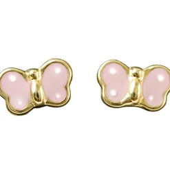 Boucles d'oreilles papillon émaillé rose à pois blanc (or jaune 375°)|Daniel Crégut