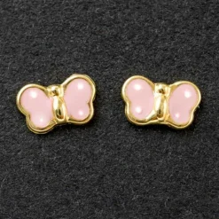 Boucles d'oreilles papillon émaillé rose à pois blanc (or jaune 375°)|Daniel Crégut