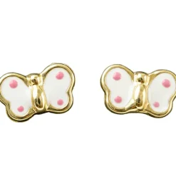 Boucles d'oreilles papillon émaillé blanc à pois rose (or jaune 375°)|Daniel Crégut Sale