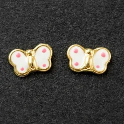 Boucles d'oreilles papillon émaillé blanc à pois rose (or jaune 375°)|Daniel Crégut Sale