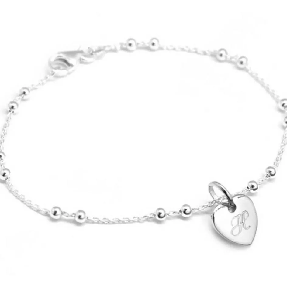 Bracelet chaîne perlée médaille coeur personnalisable (argent 925°)|Petits trésors New