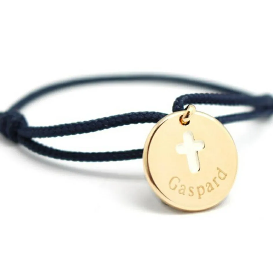 Clearance Petits trésors Bracelet cordon Croix ivoire plaqué or (personnalisable)