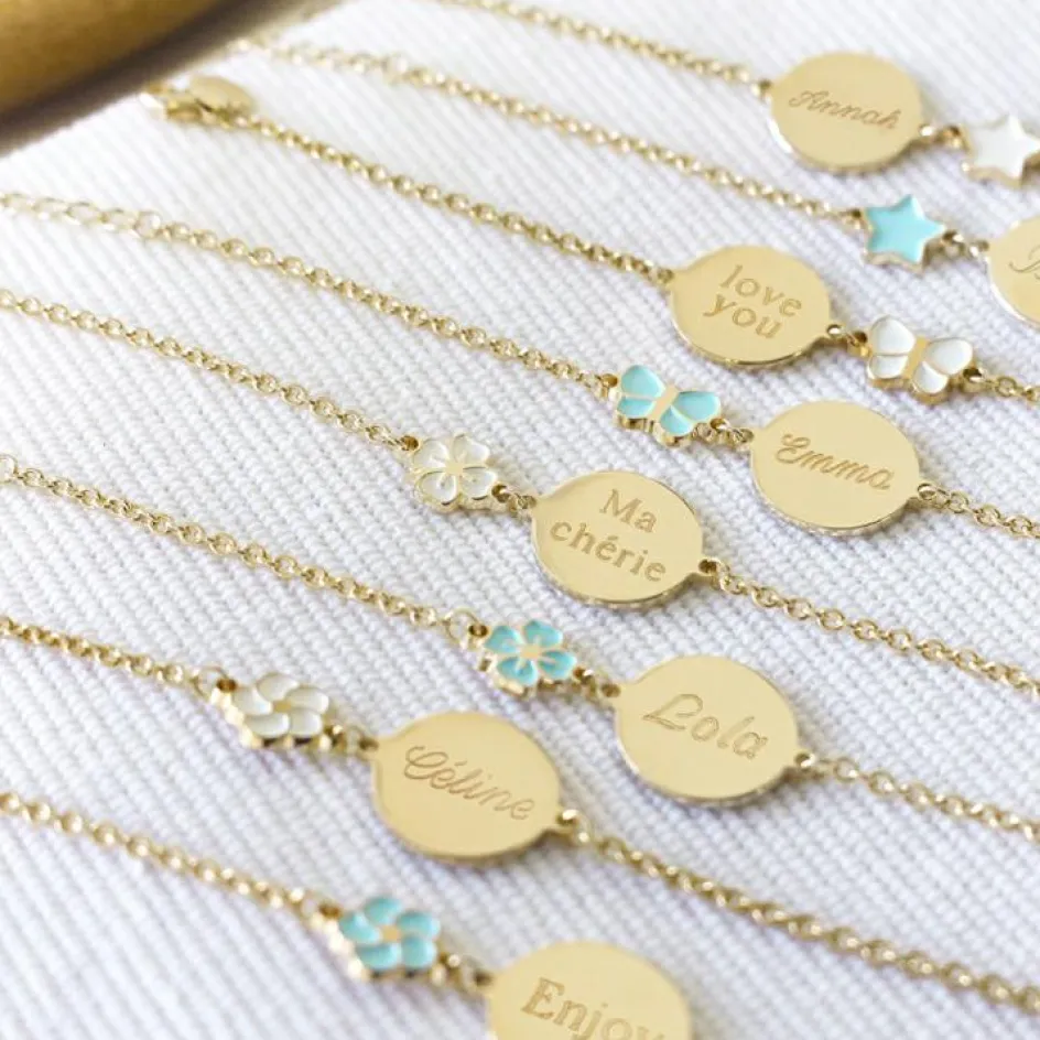 Bracelet enfant fleur laqué ivoire plaqué or (personnalisable)|Petits trésors Discount