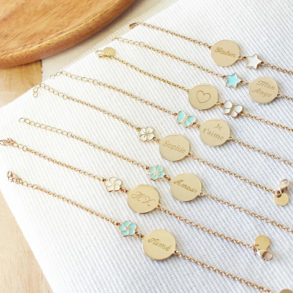 Bracelet enfant fleur laqué ivoire plaqué or (personnalisable)|Petits trésors Discount
