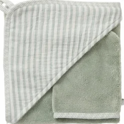 Cape de bain + gant éponge bambou et gaze rayé vert de gris|BB & Co Clearance