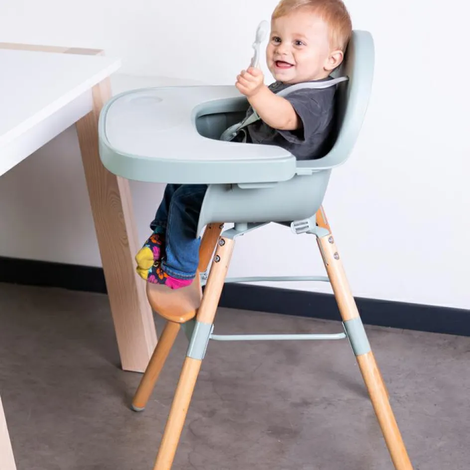 Chaise haute en bois naturel Evolu 2 menthe + arceau|Childhome Best