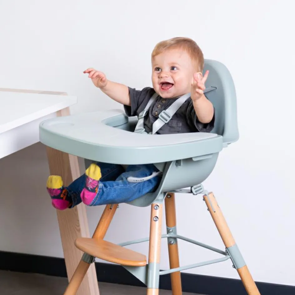 Chaise haute en bois naturel Evolu 2 menthe + arceau|Childhome Best