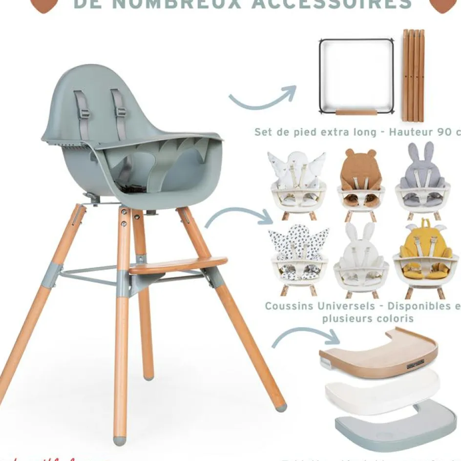 Chaise haute en bois naturel Evolu 2 menthe + arceau|Childhome Best