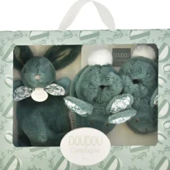 New Doudou et Compagnie Coffret Chaussons et Doudou Vert Sauge Lapin Doudou