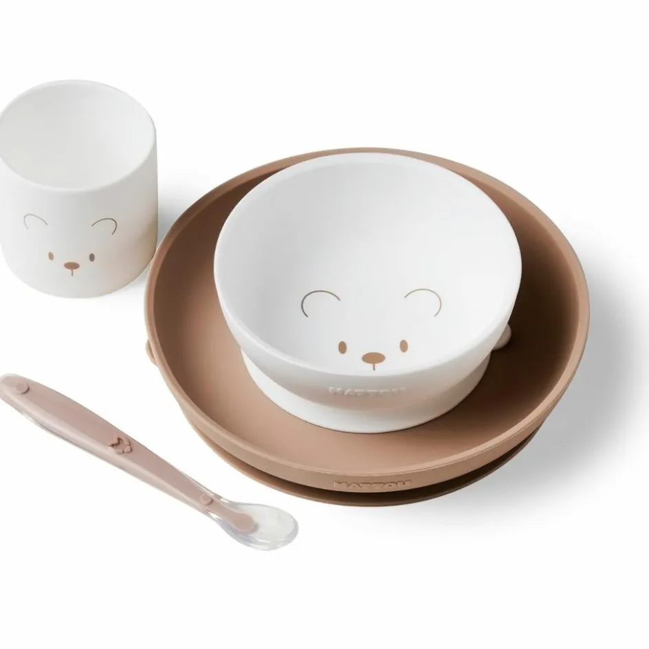 New Nattou Coffret repas Ours Blanc-Marron (4 pièces)