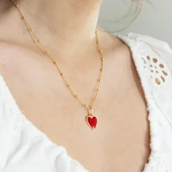 Collier Cœur rouge chaîne perlée personnalisable (plaqué or)|Petits trésors New