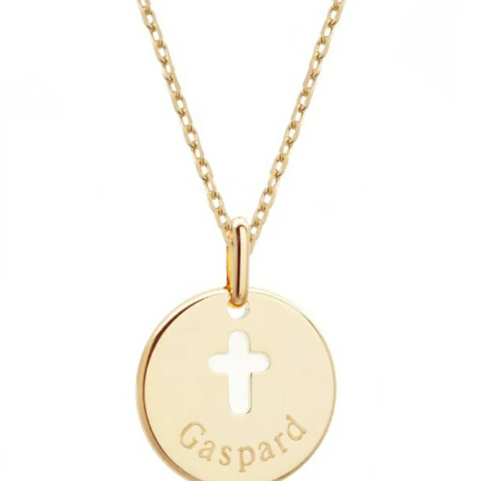 Collier enfant médaille Croix ivoire plaqué or 42 cm (personnalisable)|Petits trésors Online