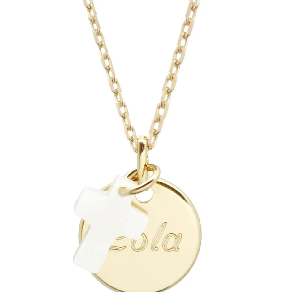 Collier enfant médaille et croix en nacre personnalisable (plaqué or)|Petits trésors Hot
