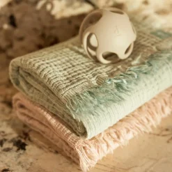 Couverture en gaze de coton Fringe Stripe Sea Green (120 x 120 cm)|Jollein Online