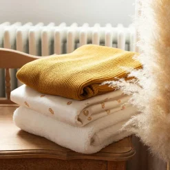 Outlet Trois Kilos Sept Couverture en tricot et flanelle Moutarde (75 x 100 cm)