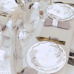 Hot Arty Fêtes Factory Lot de 8 assiettes en carton Baptême Pampas, Fleurs de coton et or