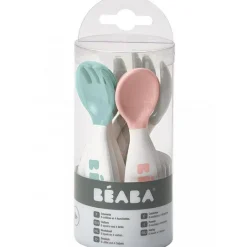 Sale Béaba Lot de 10 couverts en silicone vert d'eau, gris et rose