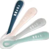 Hot Béaba Lot de 4 cuillères en silicone 2e âge bleu, rose et vert d'eau