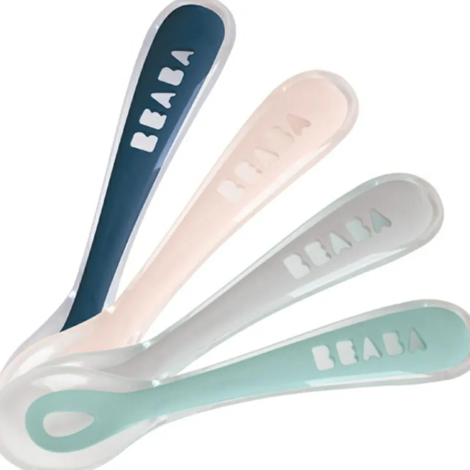 Hot Béaba Lot de 4 cuillères en silicone 2e âge bleu, rose et vert d'eau