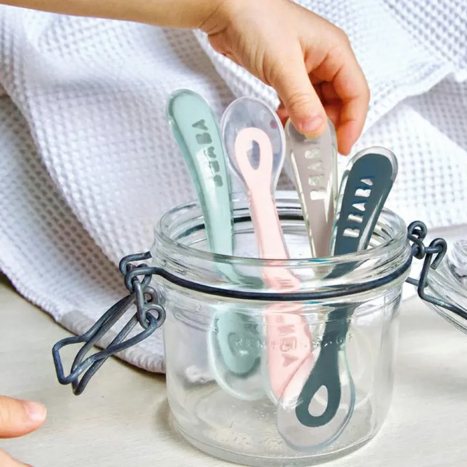 Hot Béaba Lot de 4 cuillères en silicone 2e âge bleu, rose et vert d'eau