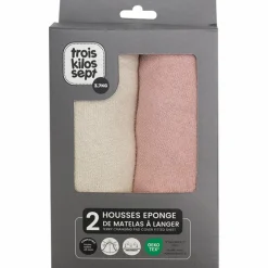 Trois Kilos Sept Lot de 2 housses de matelas à langer Ecru-Rose poudre (70 x 50 cm)