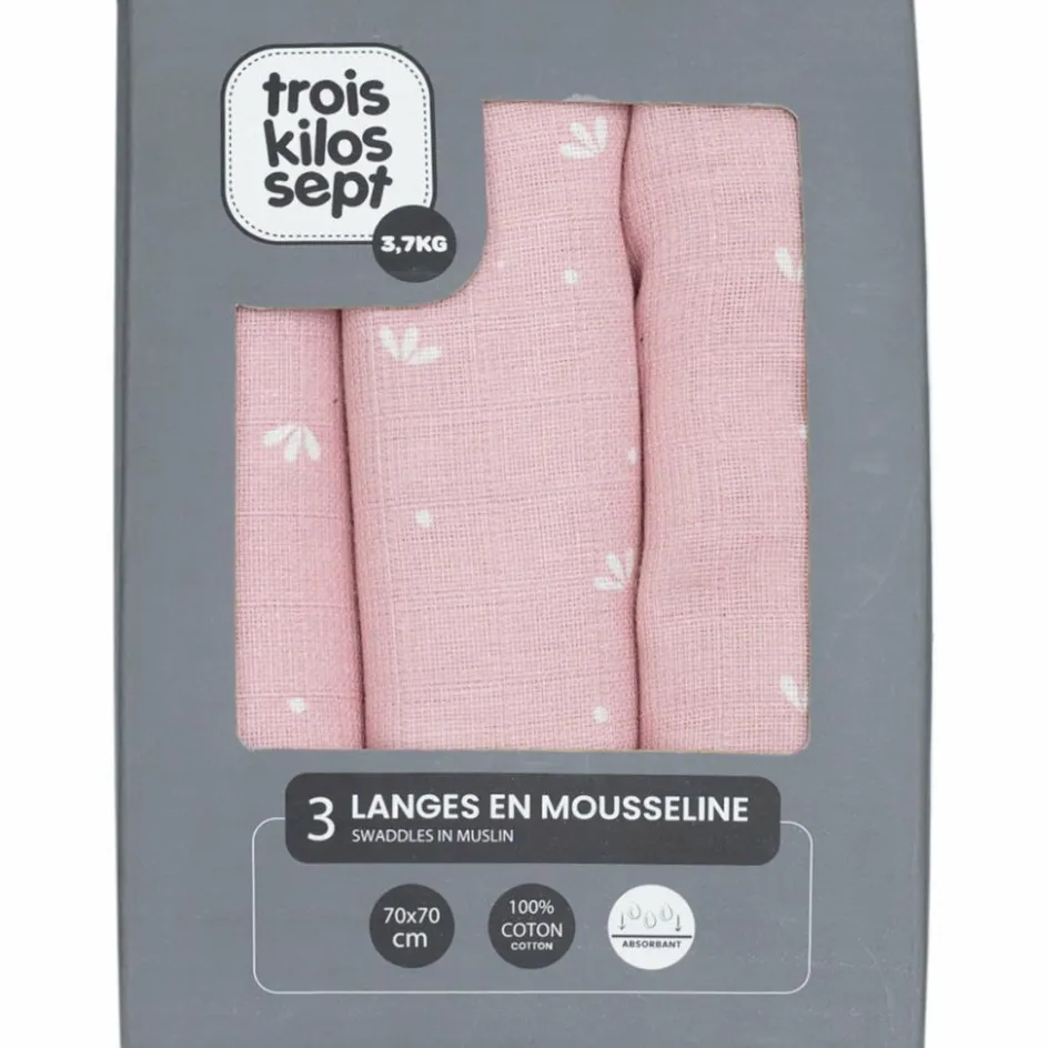 Outlet Trois Kilos Sept Lot de 3 langes en mousseline Pétales de Roses (70 x 70 cm)