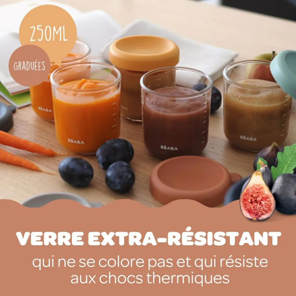 Lot de 4 pots de conservation en verre multicolore (250 ml)|Béaba