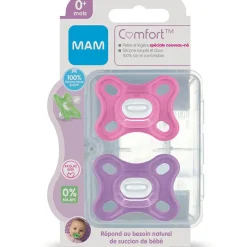 Lot de 2 sucettes en silicone Comfort rose et parme (0-2 mois)|MAM Clearance