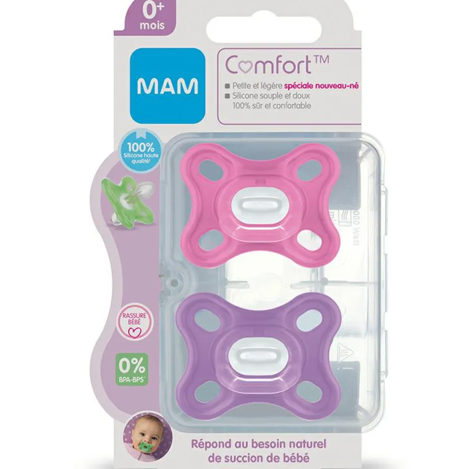 Lot de 2 sucettes en silicone Comfort rose et parme (0-2 mois)|MAM Clearance