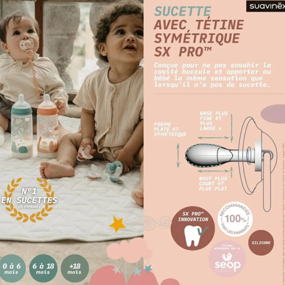 Lot de 2 sucettes symétriques SX PRO 18 mois et + Dreams rose|Suavinex Best
