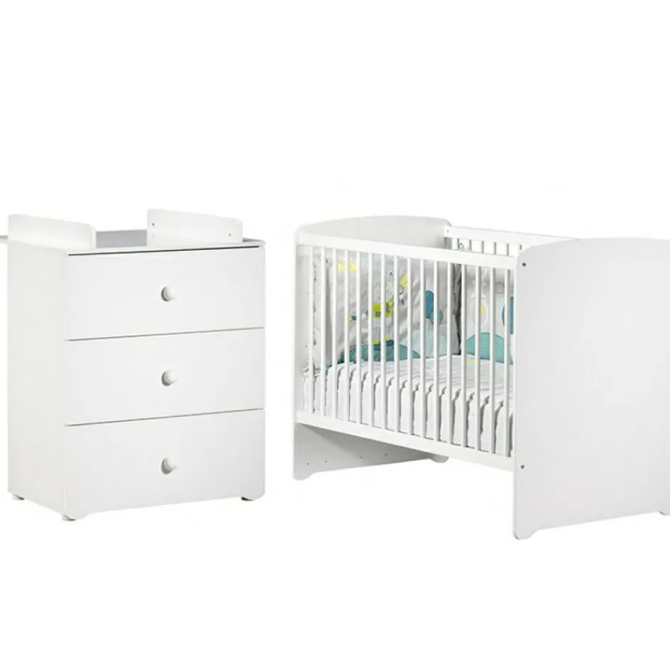 Pack duo lit bébé têtes panneaux blanc et commode à langer blancs New Basic|Baby Price Best