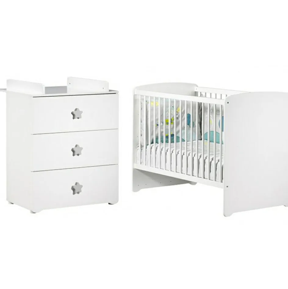 Sale Baby Price Pack duo lit bébé têtes panneaux blanc et commode à langer étoile New Basic