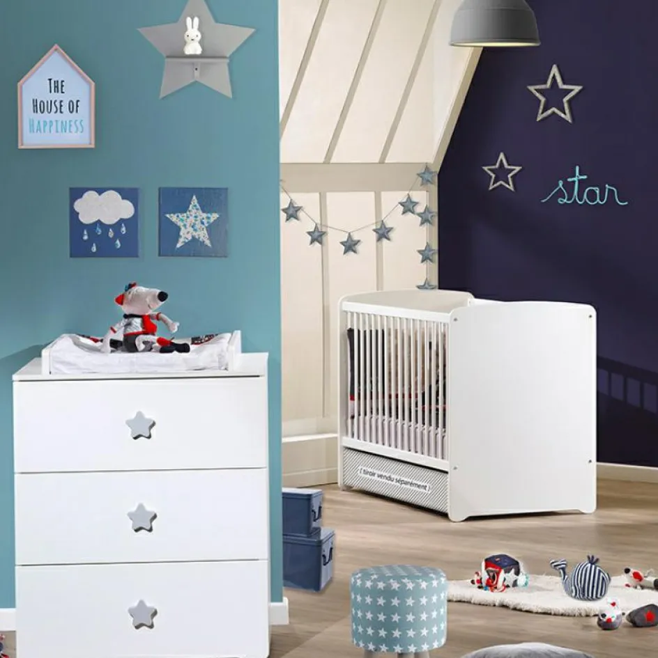 Sale Baby Price Pack duo lit bébé têtes panneaux blanc et commode à langer étoile New Basic