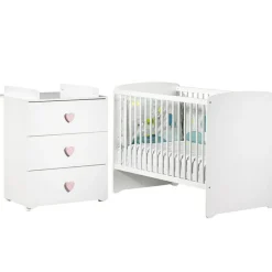 Pack duo lit bébé têtes panneaux blanc et commode à langer coeur rose New Basic|Baby Price
