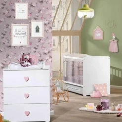 Pack duo lit bébé têtes panneaux blanc et commode à langer coeur rose New Basic|Baby Price