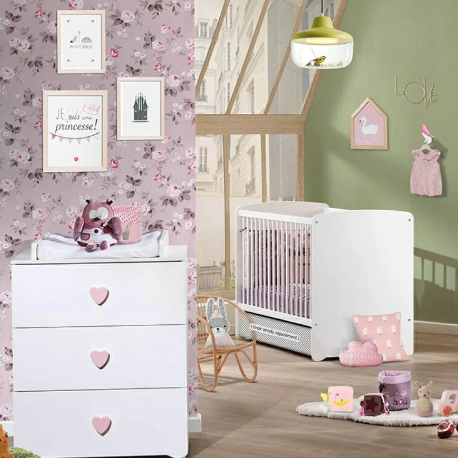 Pack duo lit bébé têtes panneaux blanc et commode à langer coeur rose New Basic|Baby Price