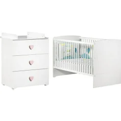 Pack duo lit bébé évolutif Little Big Bed blanc et commode à langer coeur rose New Basic|Baby Price New