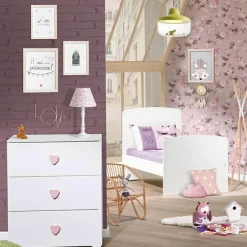 Pack duo lit bébé évolutif Little Big Bed blanc et commode à langer coeur rose New Basic|Baby Price New