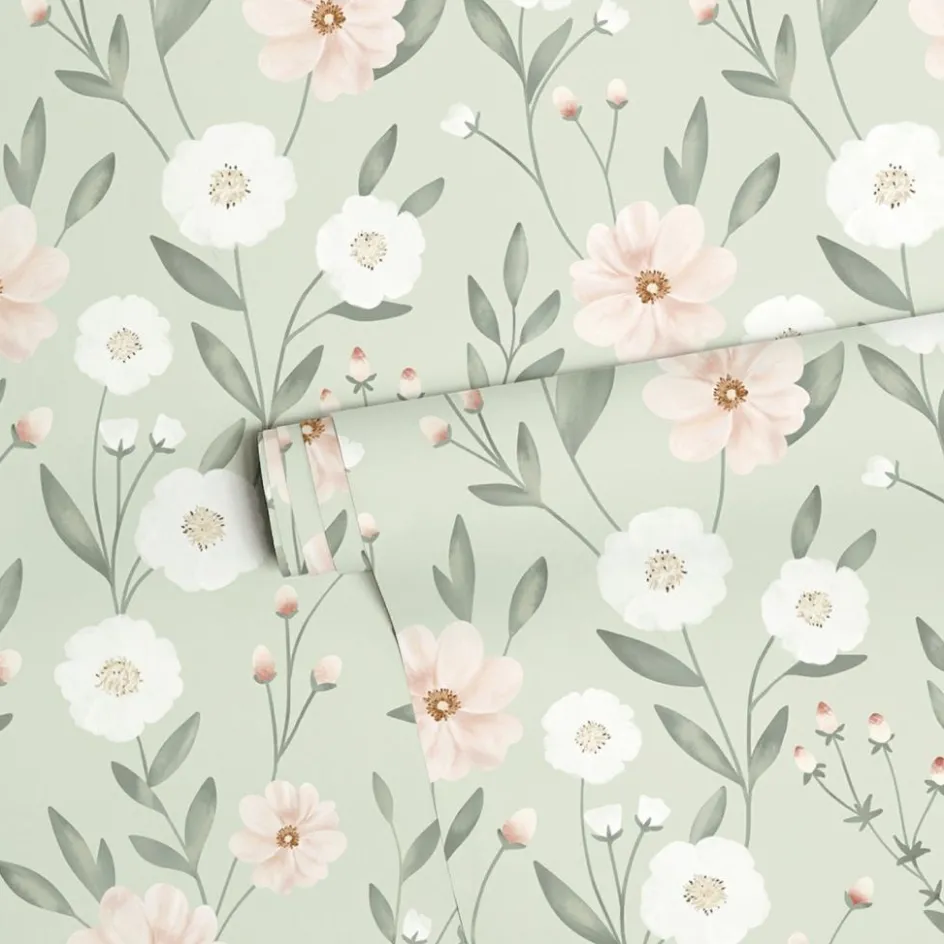 Online Lilipinso Papier peint Eclosion florale fond vert (50 cm x 10 m)